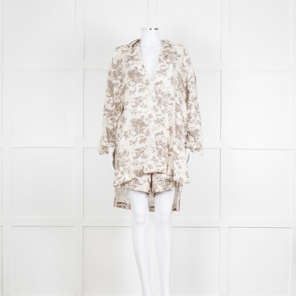 By Walid Grey Rose Floral Print Linen Shirt with Shorts Set