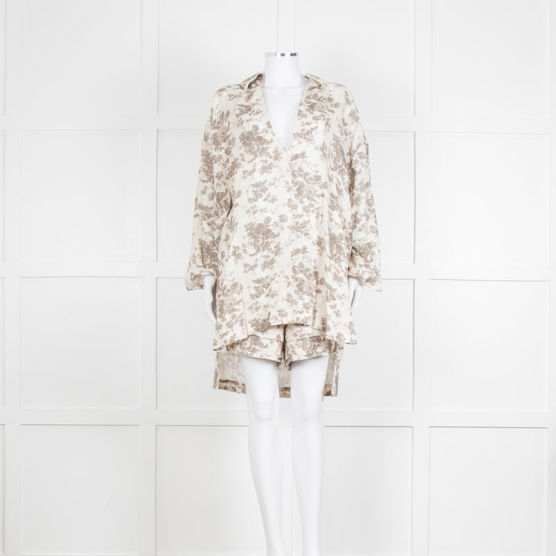 By Walid Grey Rose Floral Print Linen Shirt with Shorts Set