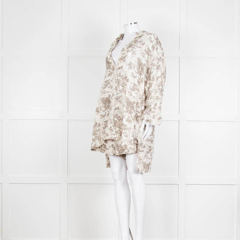 By Walid Grey Rose Floral Print Linen Shirt with Shorts Set