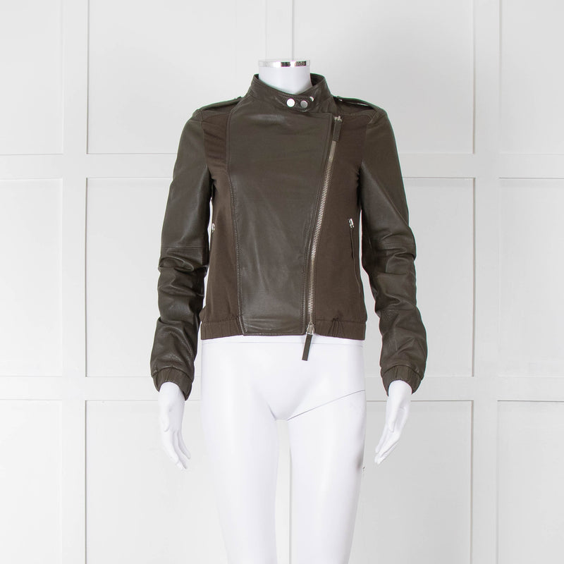 Brogden Khaki Leather Cotton Panel Biker Jacket