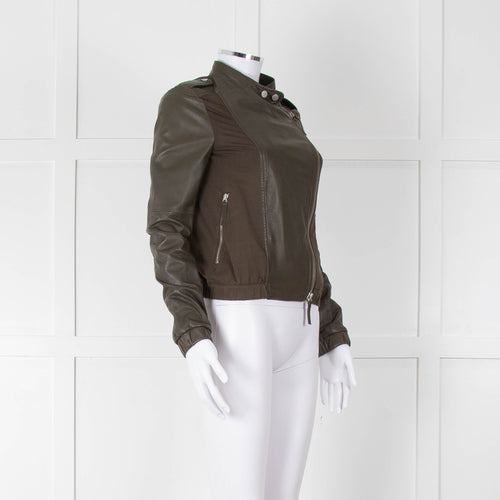 Brogden Khaki Leather Cotton Panel Biker Jacket