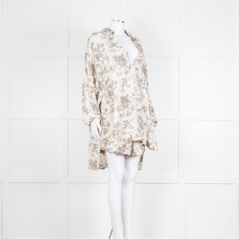 By Walid Grey Rose Floral Print Linen Shirt with Shorts Set