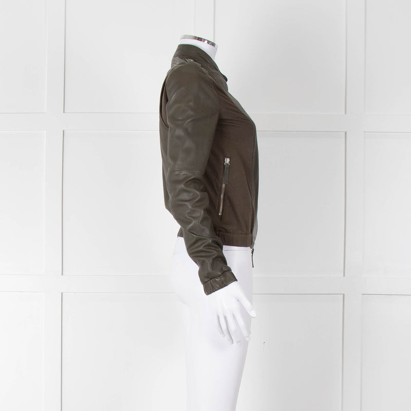 Brogden Khaki Leather Cotton Panel Biker Jacket