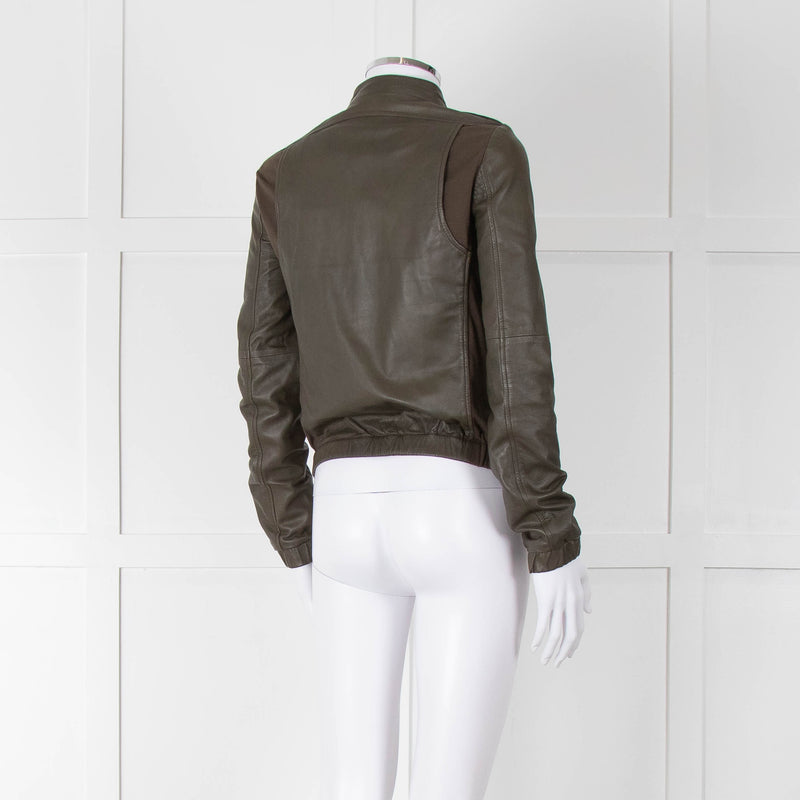 Brogden Khaki Leather Cotton Panel Biker Jacket