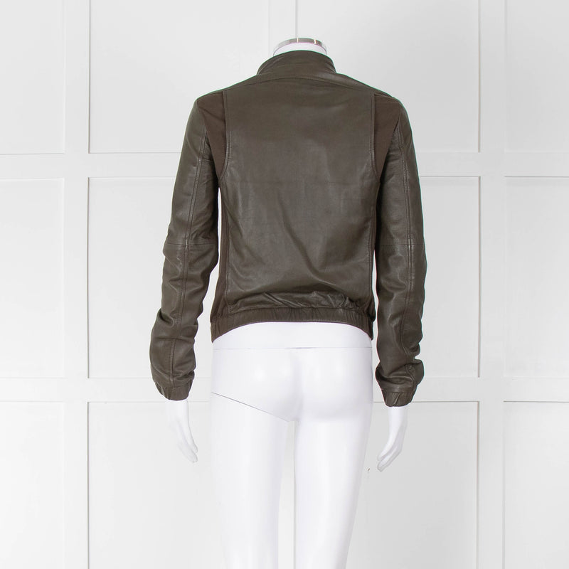 Brogden Khaki Leather Cotton Panel Biker Jacket