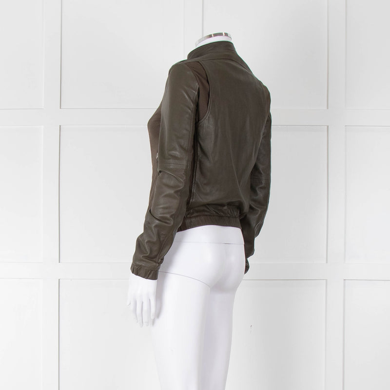 Brogden Khaki Leather Cotton Panel Biker Jacket