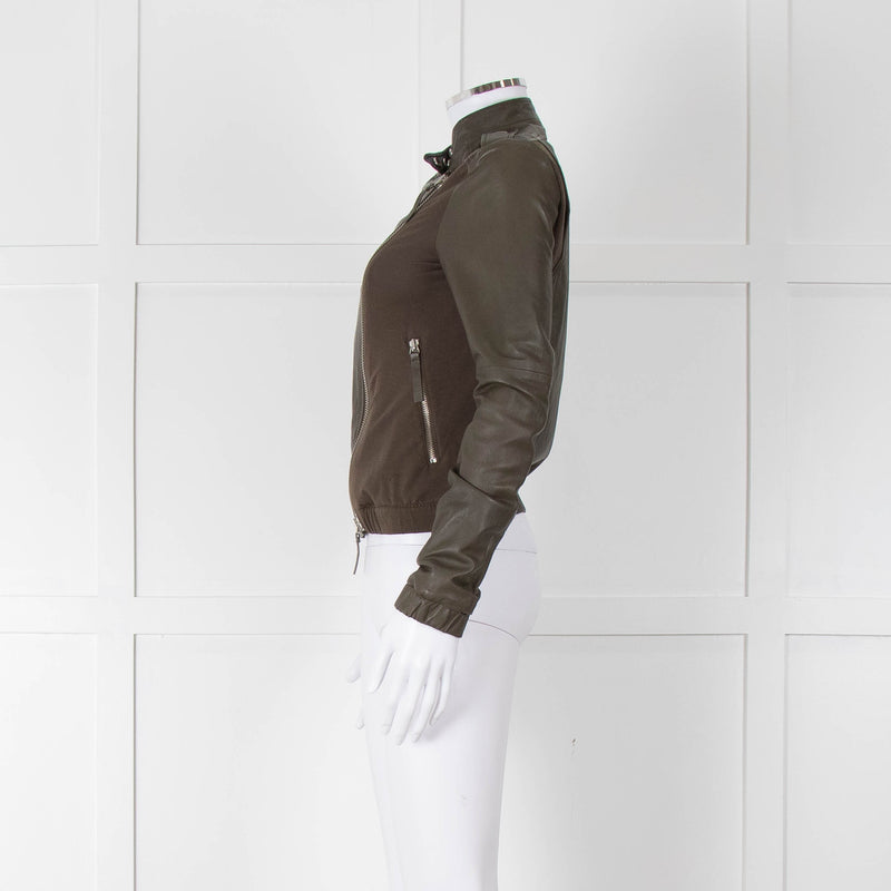 Brogden Khaki Leather Cotton Panel Biker Jacket