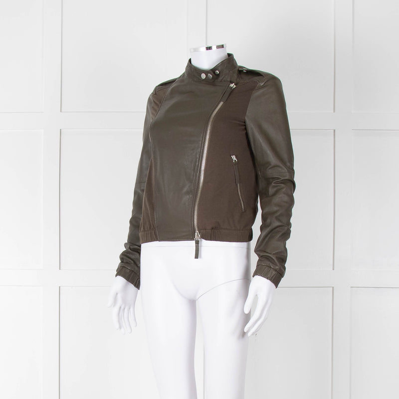 Brogden Khaki Leather Cotton Panel Biker Jacket