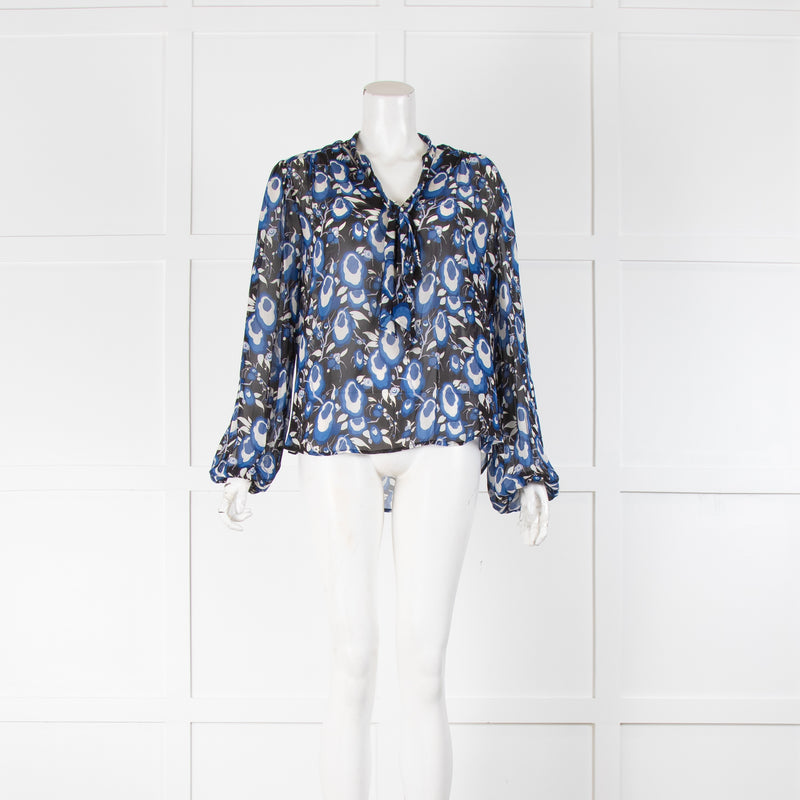 Rixo Sheer Blue Patterned Tie Neck Blouse