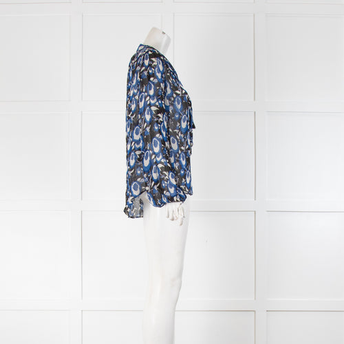 Rixo Sheer Blue Patterned Tie Neck Blouse