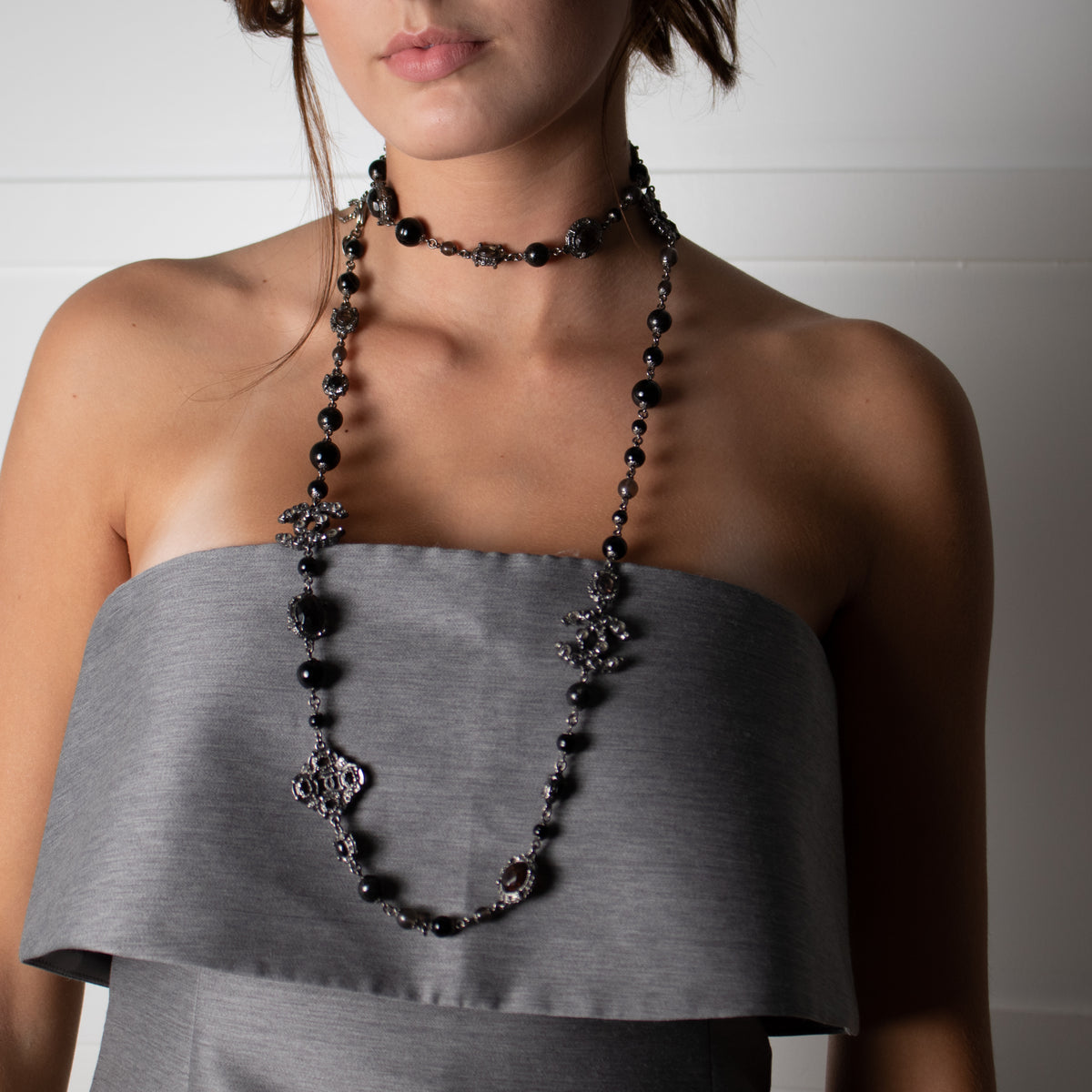 Chanel Gunmetal Silver Pearl Diamante CC Long Necklace