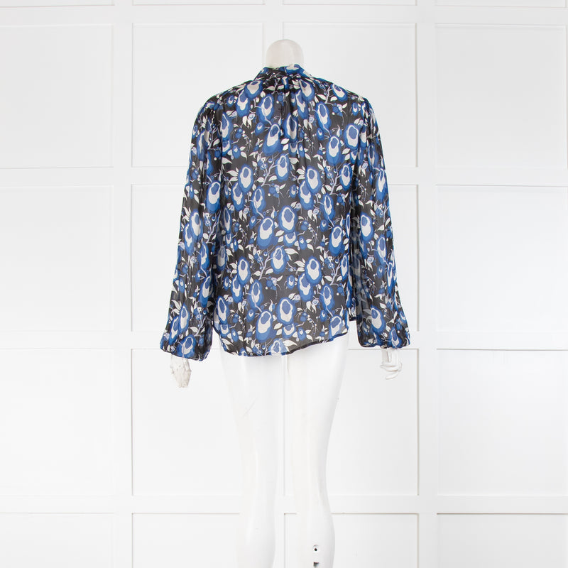 Rixo Sheer Blue Patterned Tie Neck Blouse