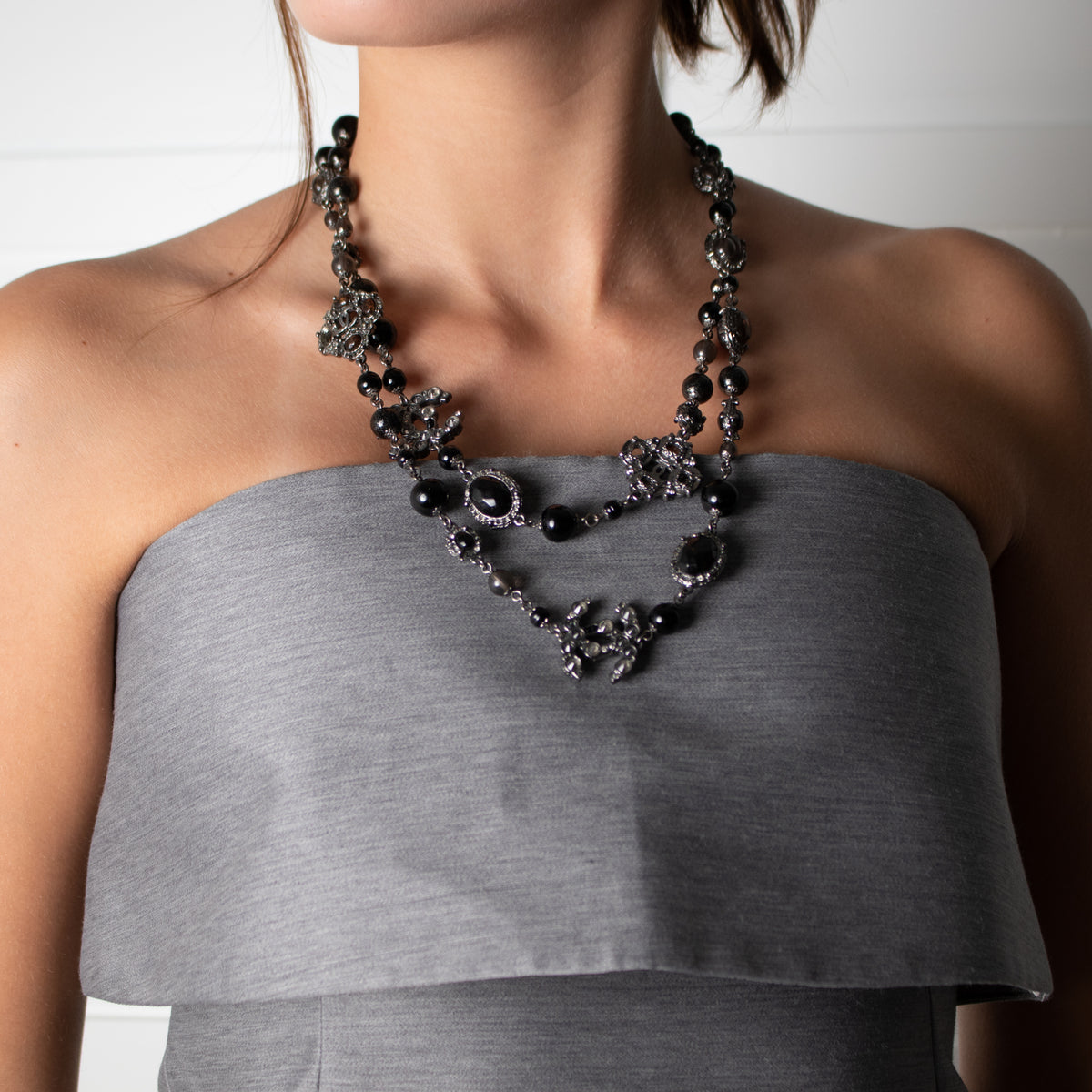 Chanel Gunmetal Silver Pearl Diamante CC Long Necklace