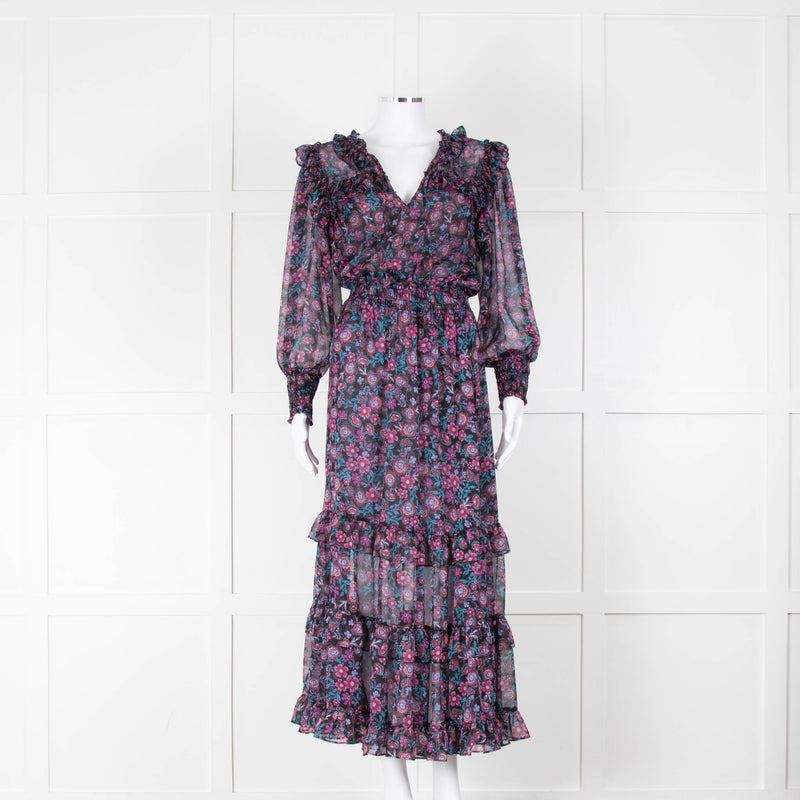 Misa Black Purple Floral Frill Trim Maxi Dress