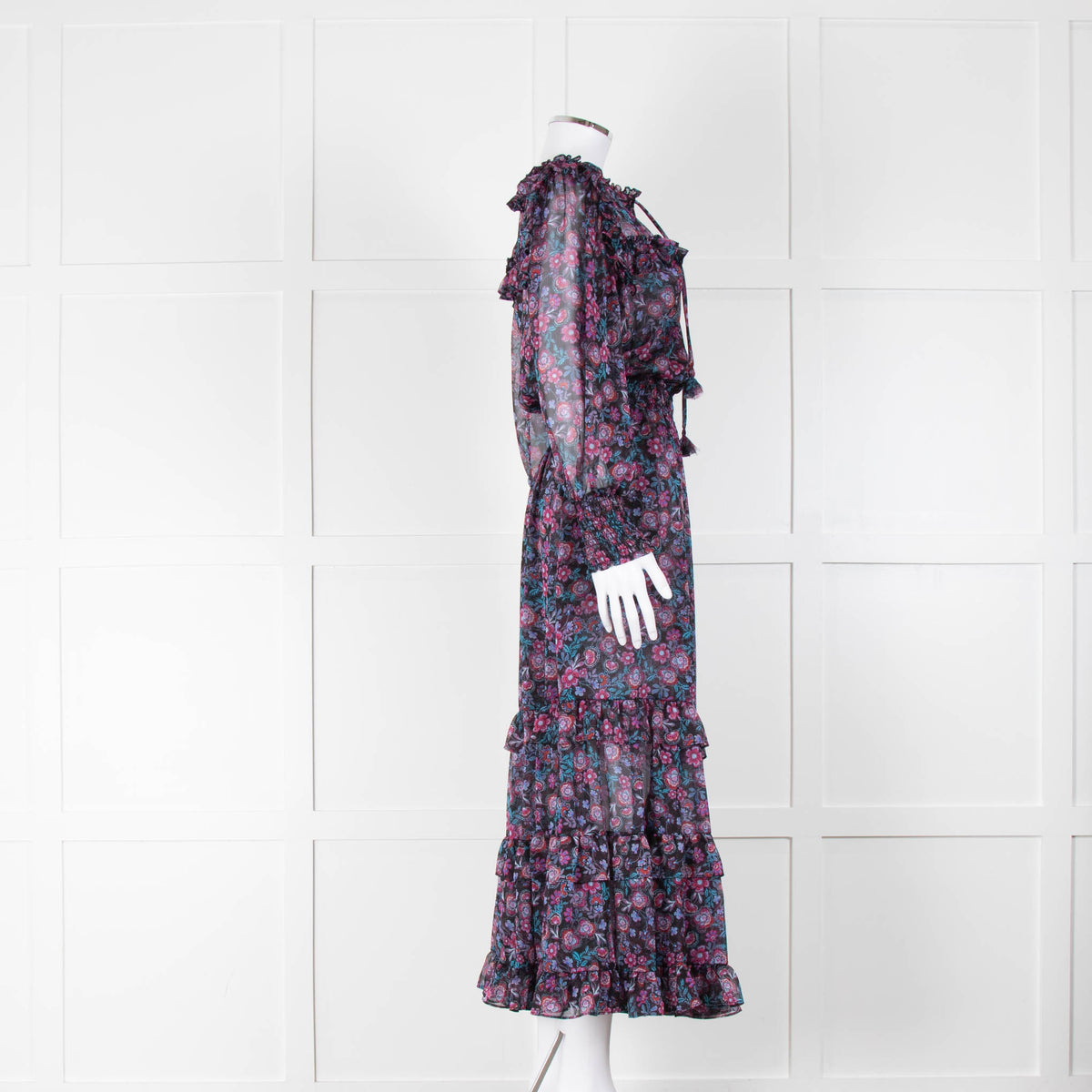 Misa Black Purple Floral Frill Trim Maxi Dress