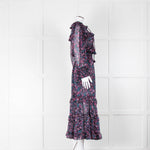 Misa Black Purple Floral Frill Trim Maxi Dress