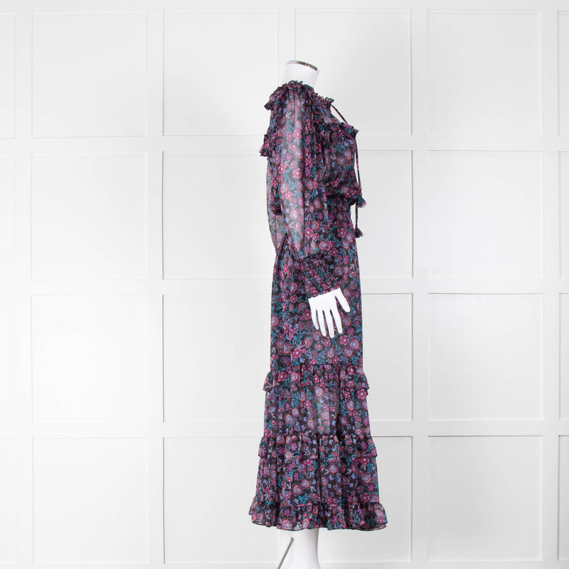 Misa Black Purple Floral Frill Trim Maxi Dress