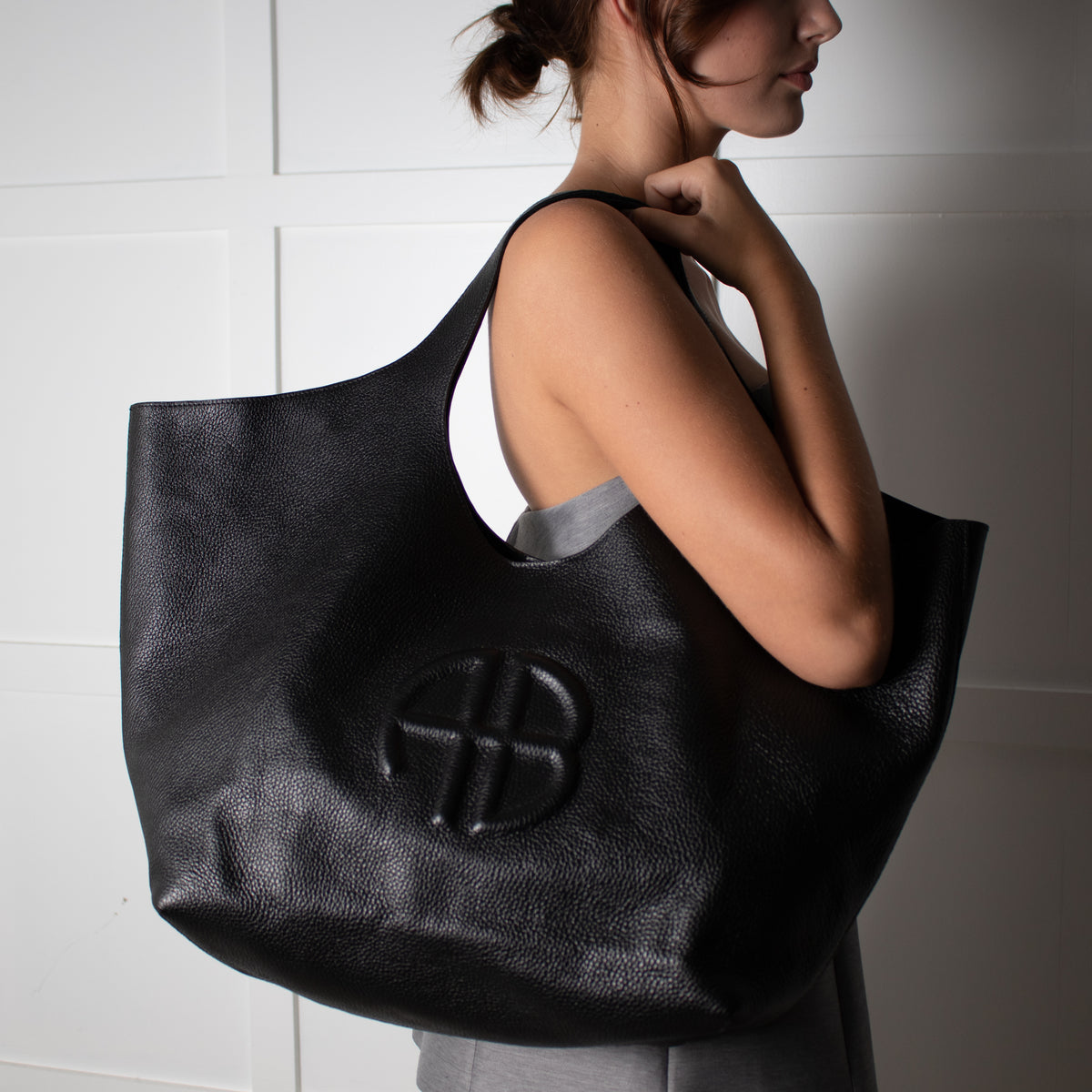Anine Bing Black Leather Logo Embossed Lili Tote Bag