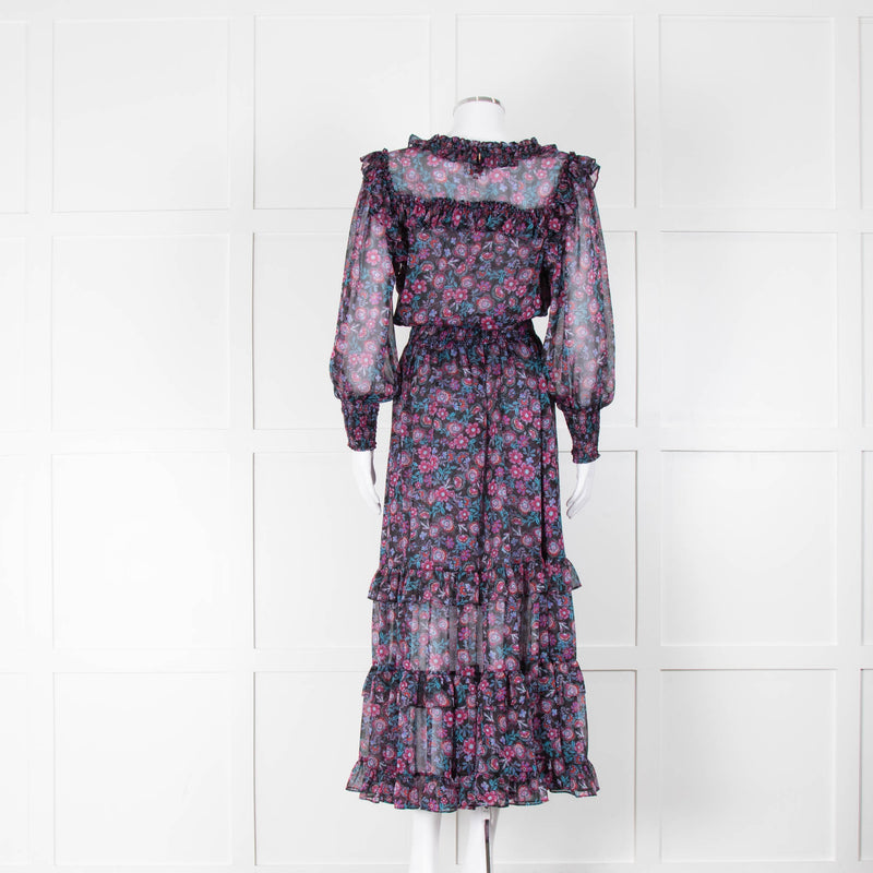 Misa Black Purple Floral Frill Trim Maxi Dress