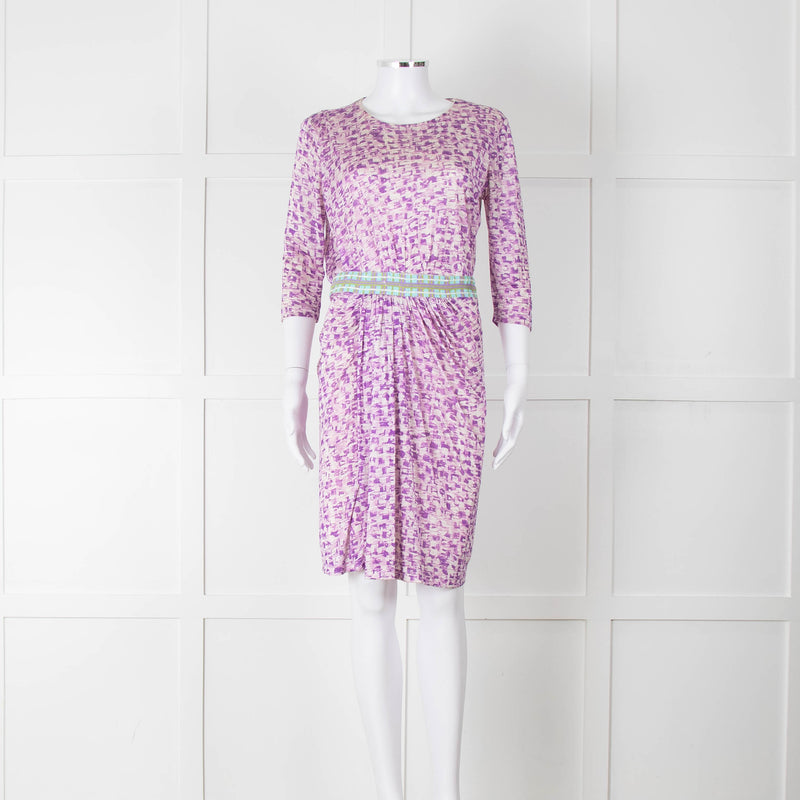 Saloni Cream Lilac Turquoise Sequin Waist Detail Silk Jersey Dress