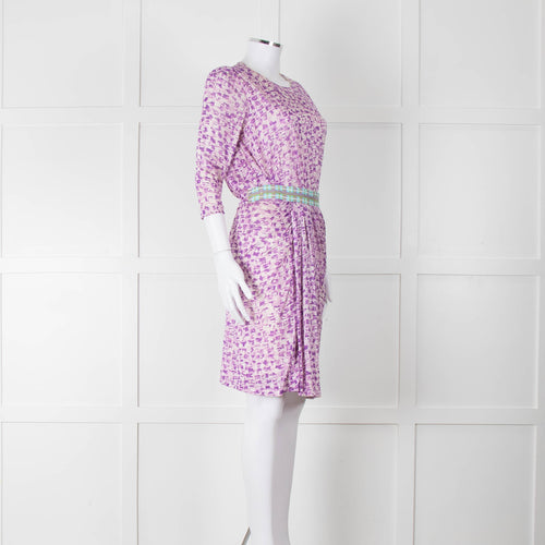 Saloni Cream Lilac Turquoise Sequin Waist Detail Silk Jersey Dress