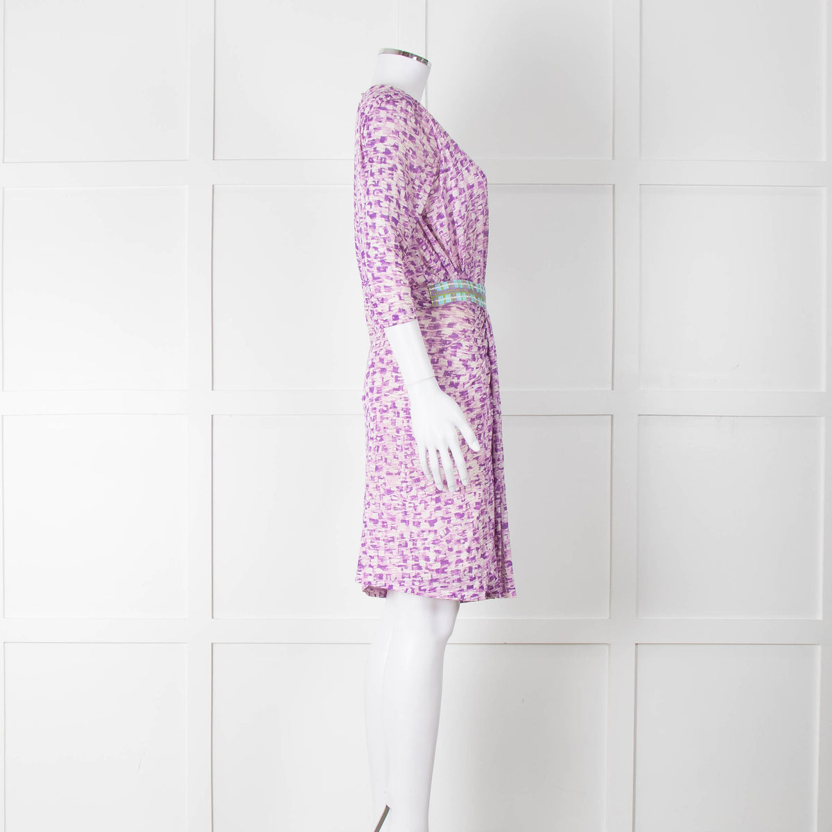 Saloni Cream Lilac Turquoise Sequin Waist Detail Silk Jersey Dress