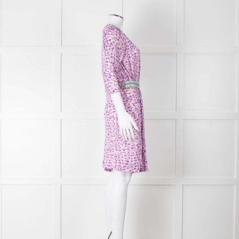 Saloni Cream Lilac Turquoise Sequin Waist Detail Silk Jersey Dress