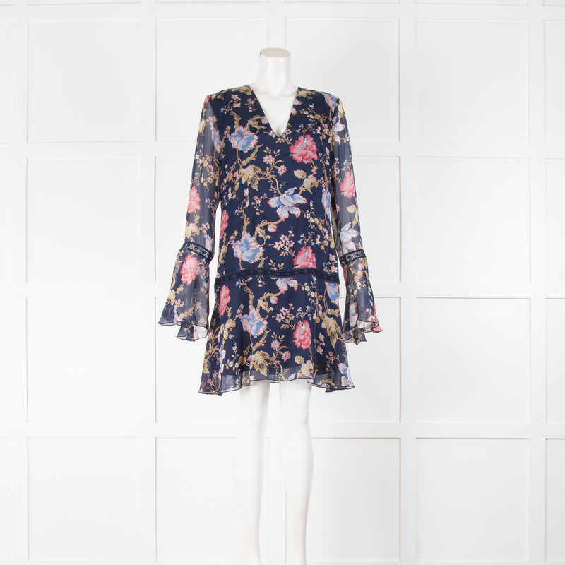 Liu Jo Navy Silk Floral V Neck Flute Sleeve Dress