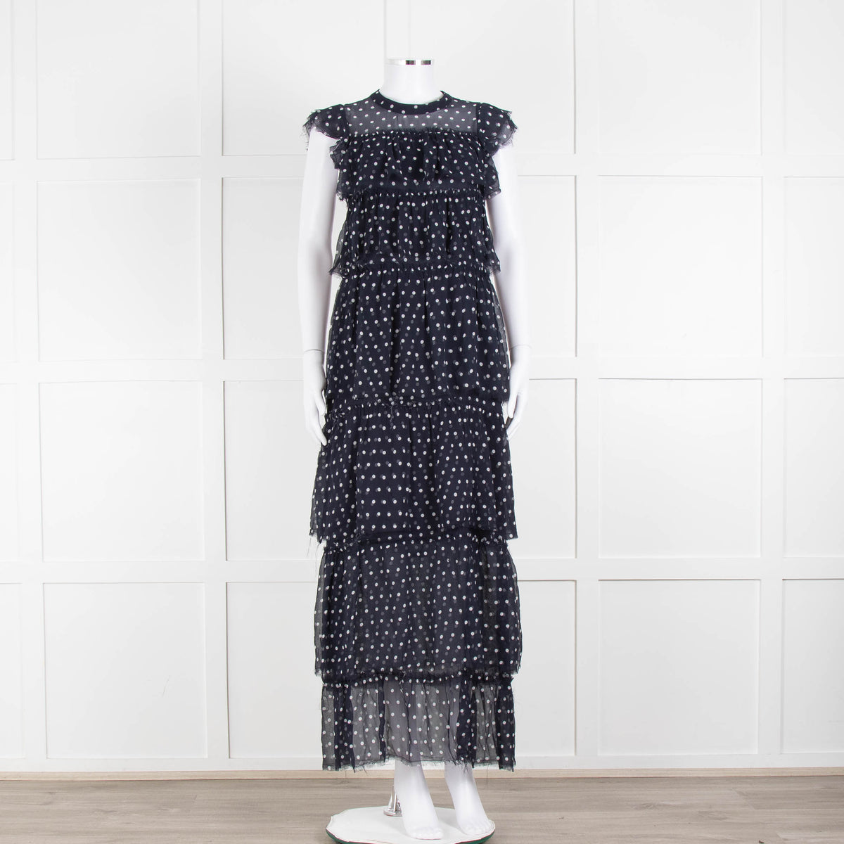 SIR Navy White Polka Dot Sleeveless Ruffled Maxi Dress