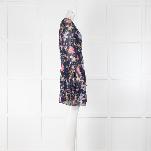 Liu Jo Navy Silk Floral V Neck Flute Sleeve Dress