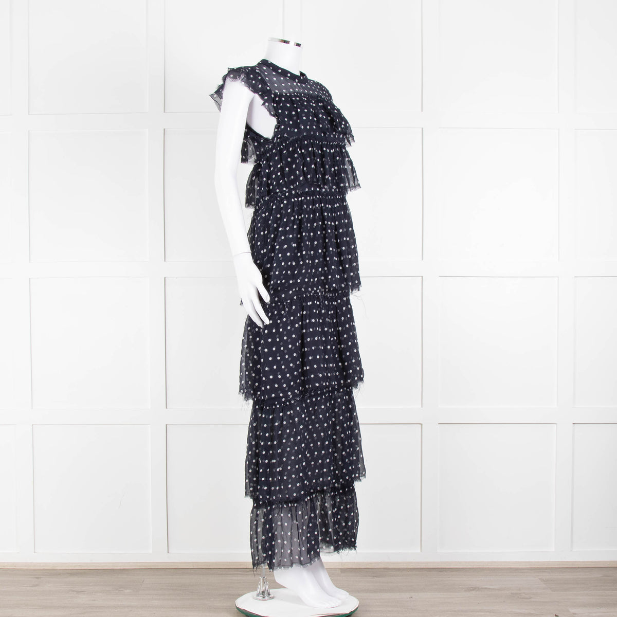SIR Navy White Polka Dot Sleeveless Ruffled Maxi Dress