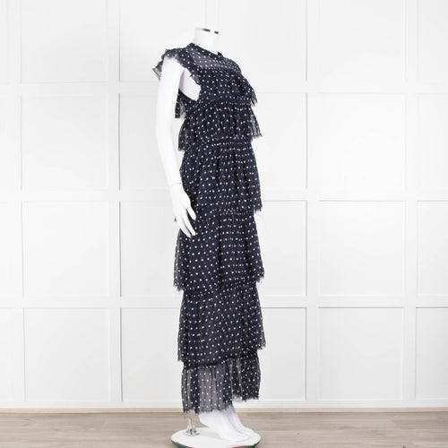 SIR Navy White Polka Dot Sleeveless Ruffled Maxi Dress