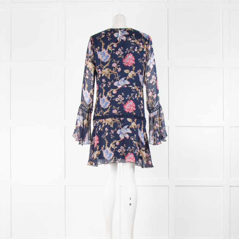 Liu Jo Navy Silk Floral V Neck Flute Sleeve Dress