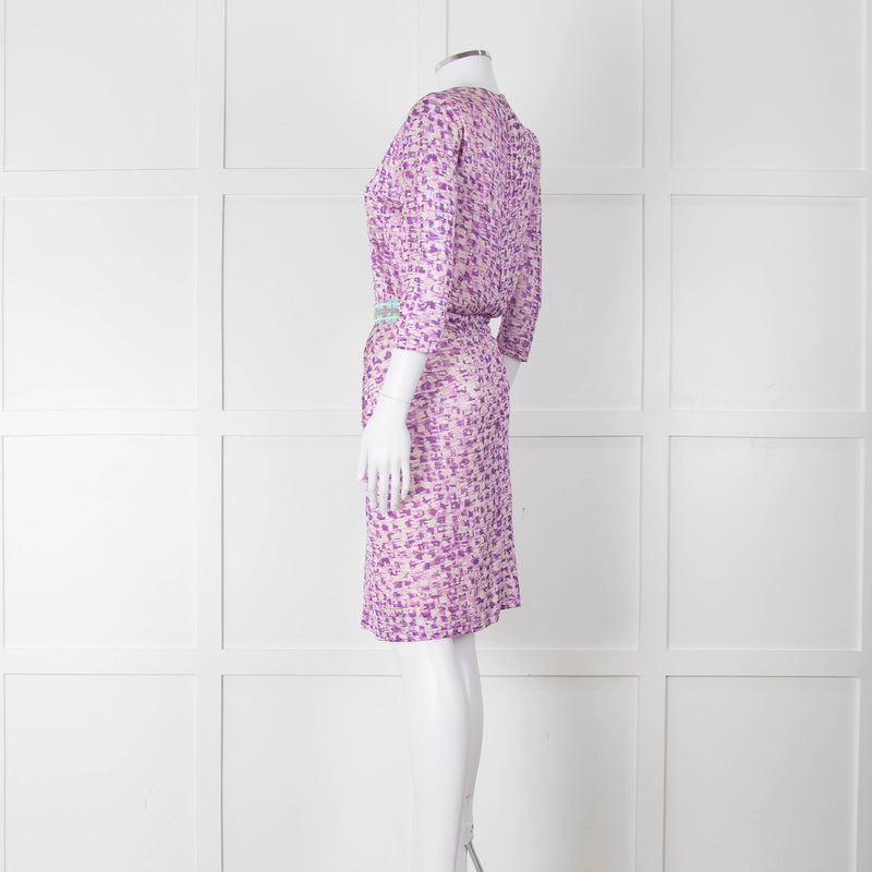 Saloni Cream Lilac Turquoise Sequin Waist Detail Silk Jersey Dress