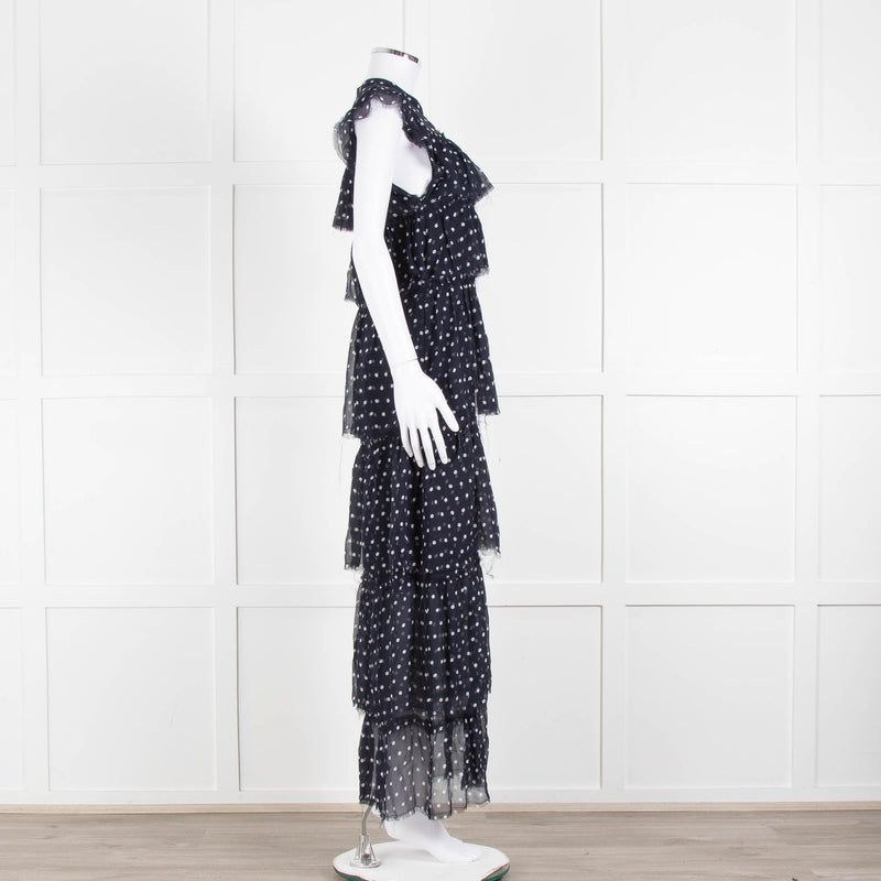 SIR Navy White Polka Dot Sleeveless Ruffled Maxi Dress