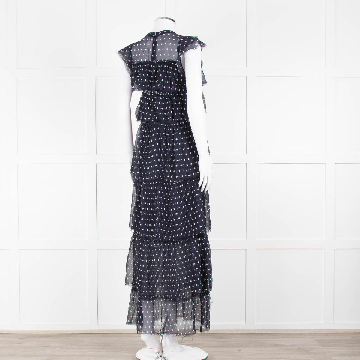 SIR Navy White Polka Dot Sleeveless Ruffled Maxi Dress