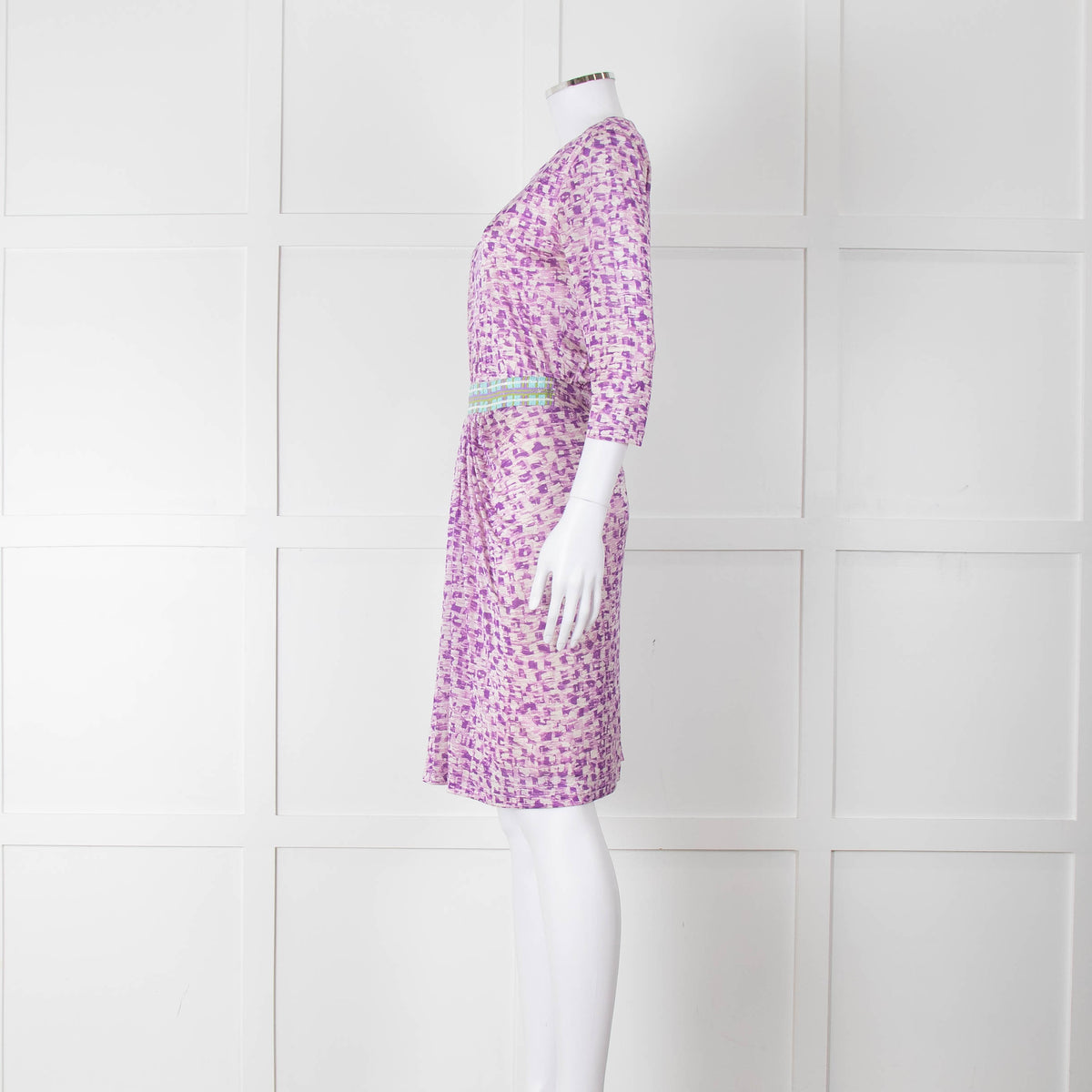 Saloni Cream Lilac Turquoise Sequin Waist Detail Silk Jersey Dress