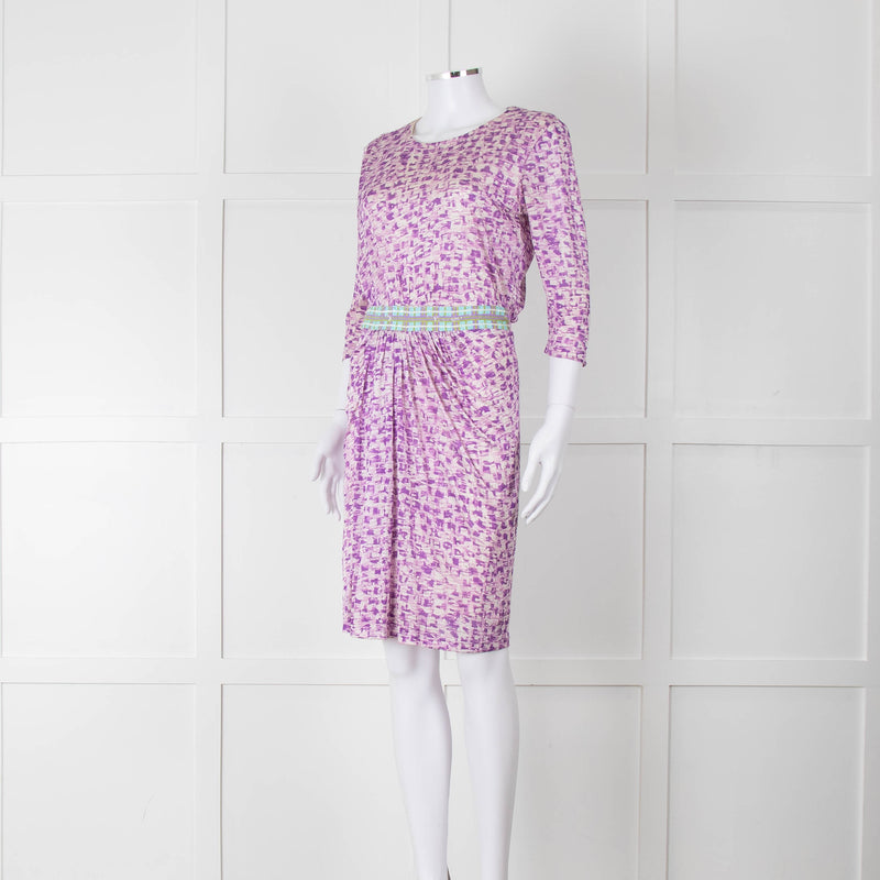 Saloni Cream Lilac Turquoise Sequin Waist Detail Silk Jersey Dress