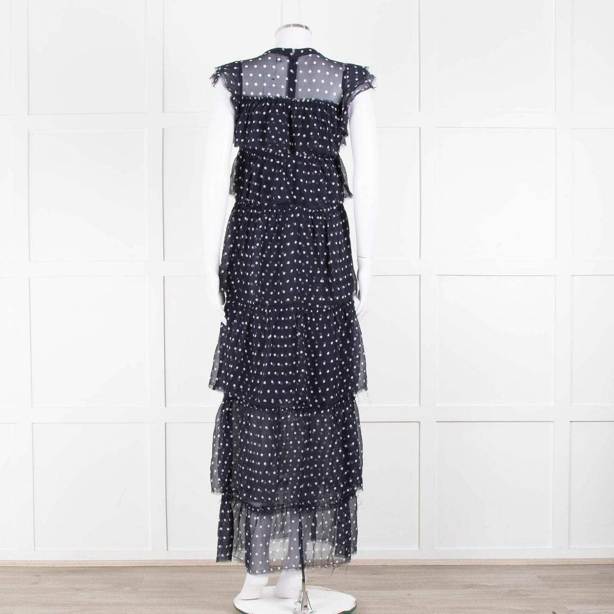SIR Navy White Polka Dot Sleeveless Ruffled Maxi Dress