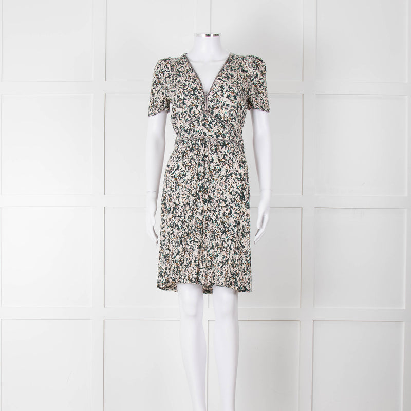 Sessun Cream Dark Green Pink Pattern Knee Length Dress