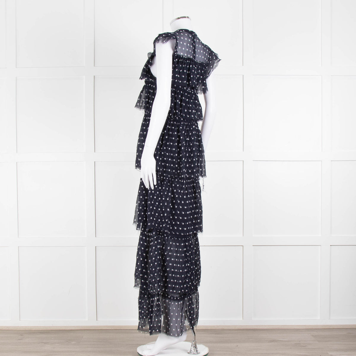 SIR Navy White Polka Dot Sleeveless Ruffled Maxi Dress