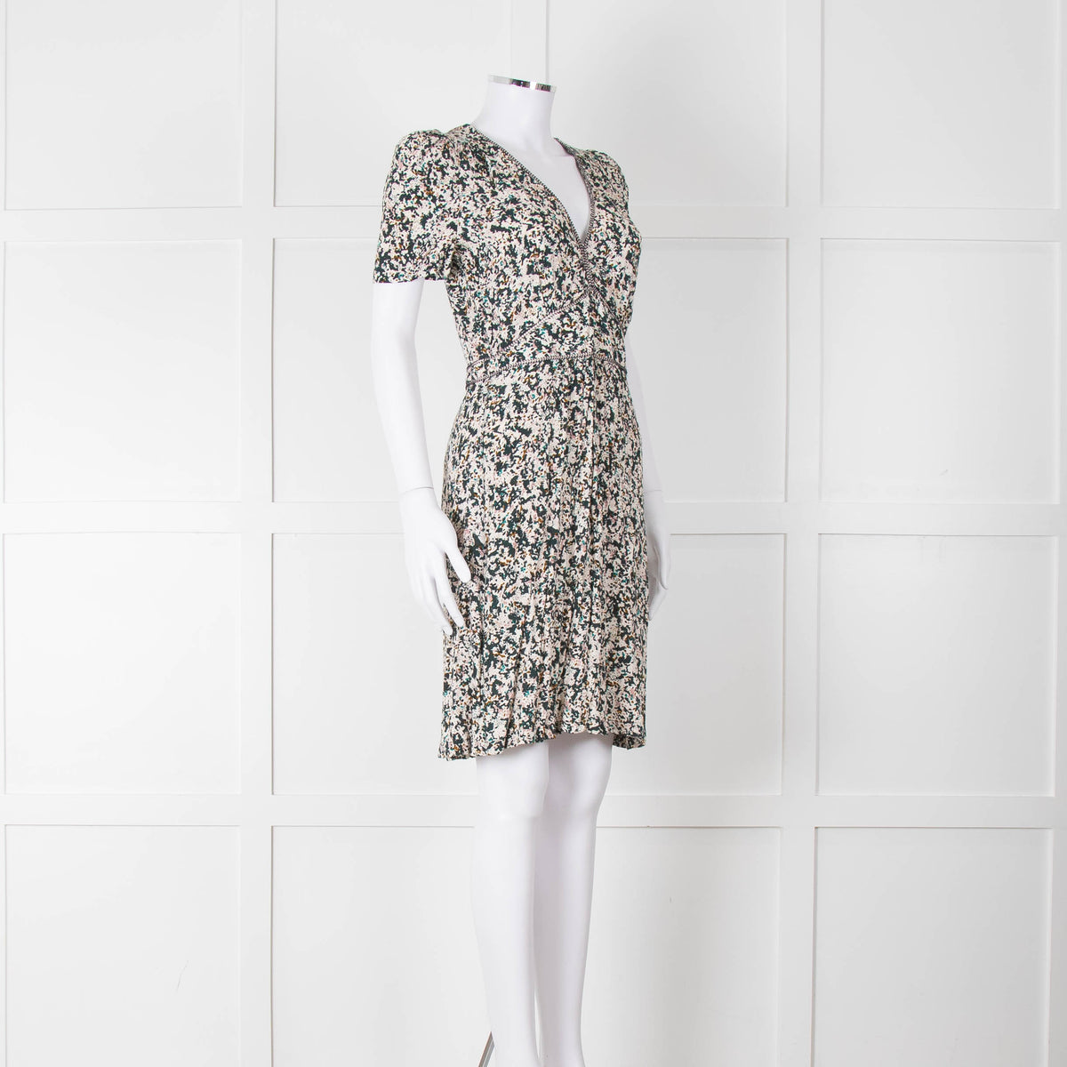 Sessun Cream Dark Green Pink Pattern Knee Length Dress