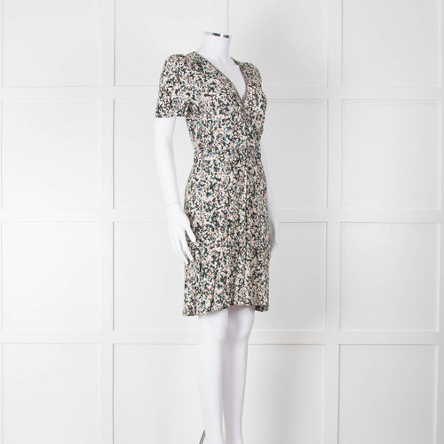 Sessun Cream Dark Green Pink Pattern Knee Length Dress