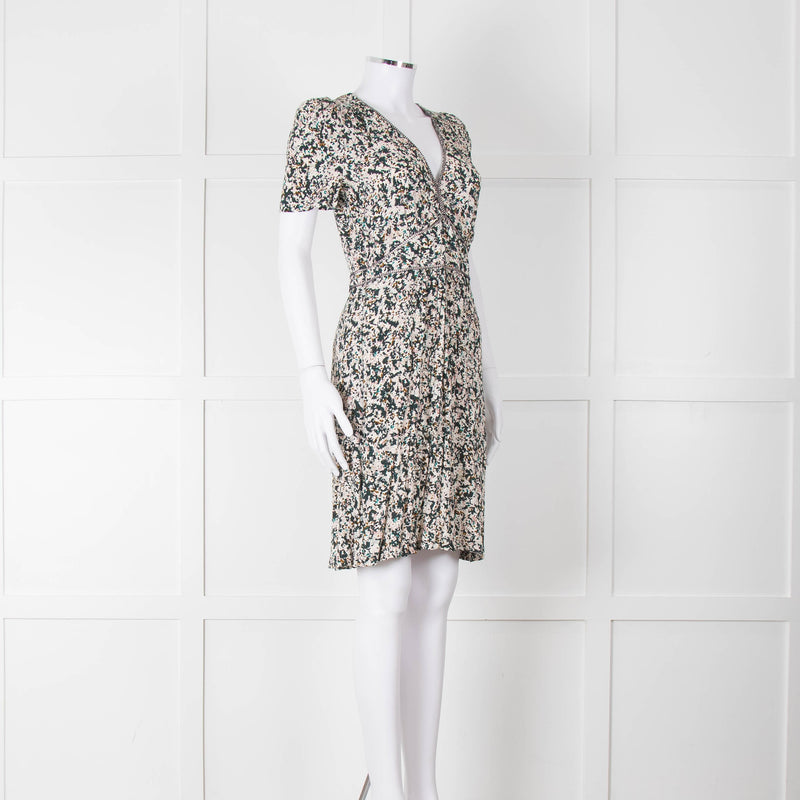 Sessun Cream Dark Green Pink Pattern Knee Length Dress