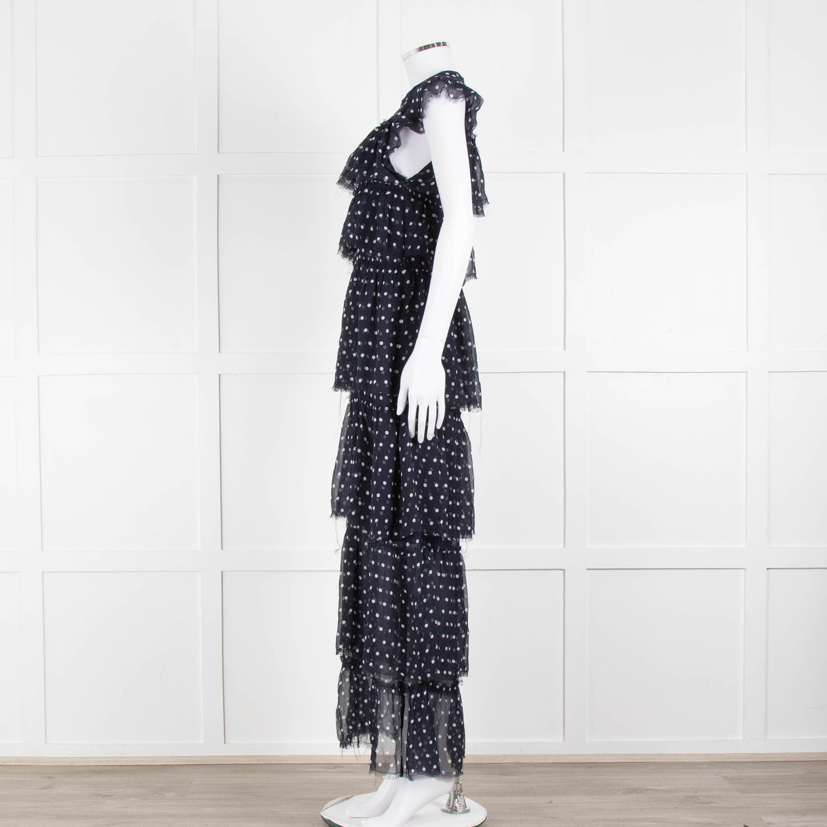 SIR Navy White Polka Dot Sleeveless Ruffled Maxi Dress
