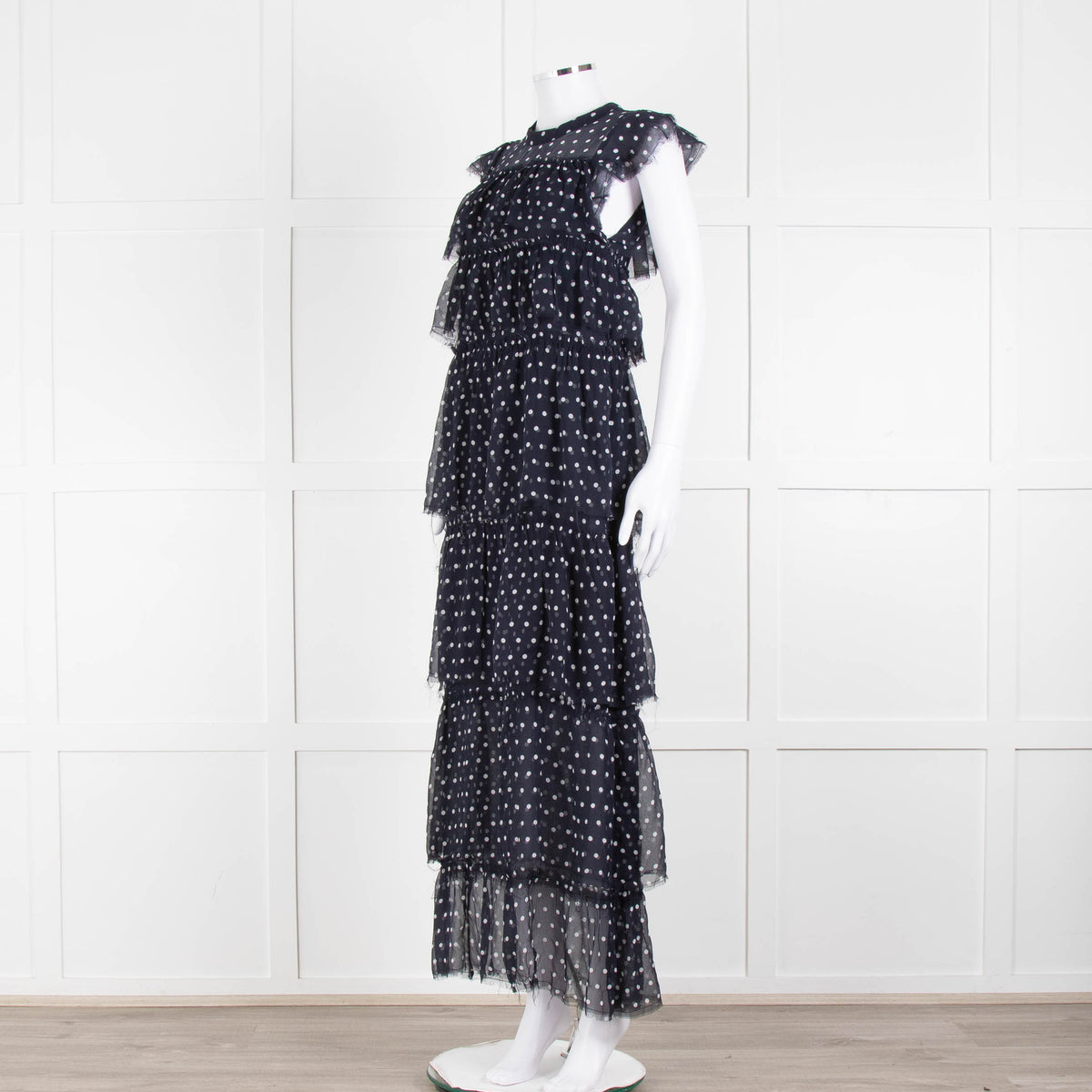 SIR Navy White Polka Dot Sleeveless Ruffled Maxi Dress