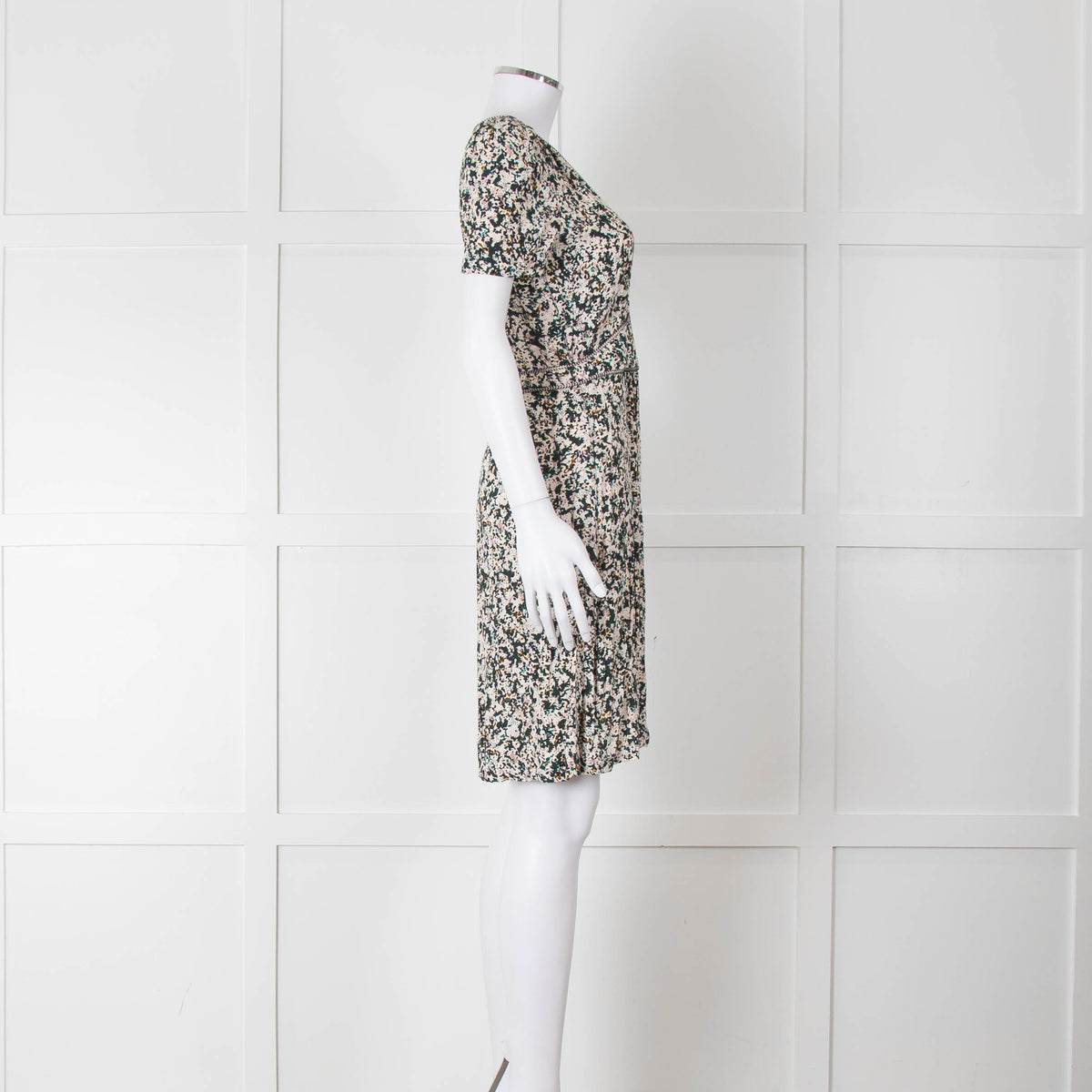 Sessun Cream Dark Green Pink Pattern Knee Length Dress