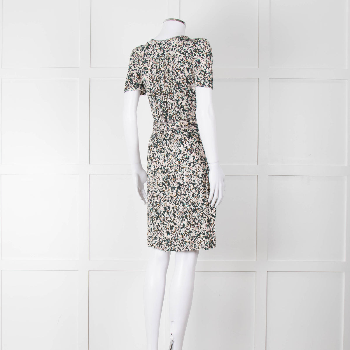 Sessun Cream Dark Green Pink Pattern Knee Length Dress