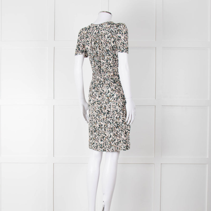 Sessun Cream Dark Green Pink Pattern Knee Length Dress