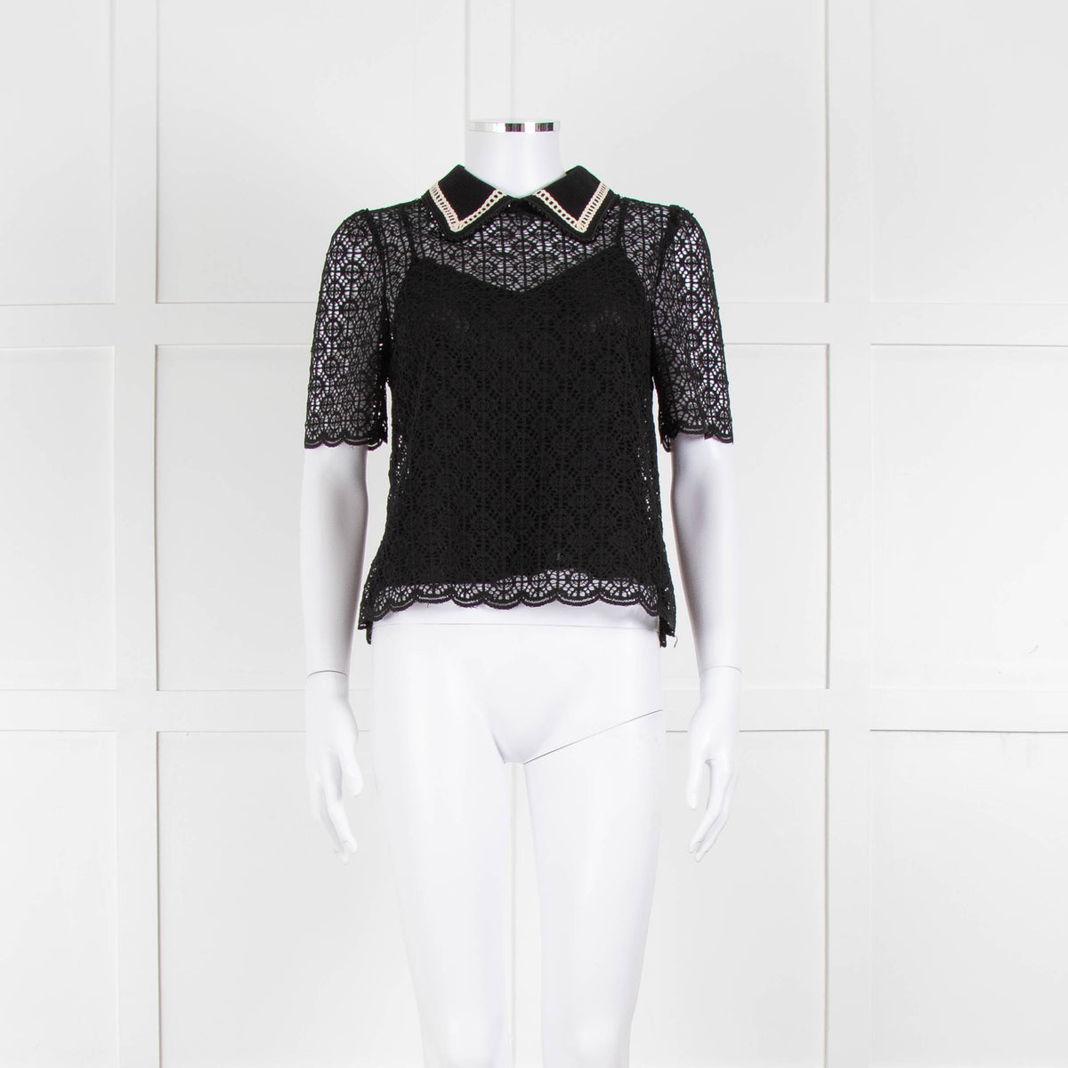 ME + EM Black Lace Bead Trim Collar Top With Vest